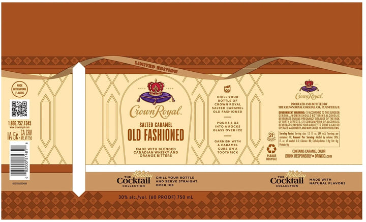 Crown Royal Salted Caramel Old Fashioned Limited Edition (Pre-Order) label showcases key product details, a cocktail recipe, the signature Crown Royal crest, and an eye-catching blend of brown, gold, and white design elements. This ready-to-enjoy Canadian whisky cocktail delivers rich, indulgent flavors from Crown Royal’s limited edition whisky for a truly premium sipping experience.