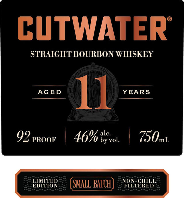 Cutwater 11-Year-Old Straight Bourbon Whiskey label, small-batch, 46% ABV, aged 11 years, limited edition, 750 mL bottle.