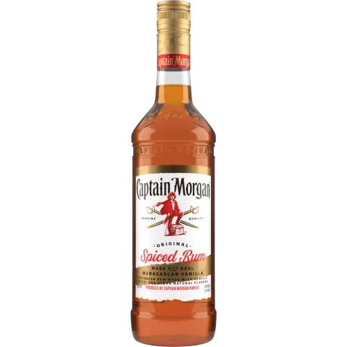 Captain Morgan Original Spiced Rum features a gold cap, white label, and pirate illustration. This smooth Caribbean spiced rum is made with real Madagascan vanilla—ideal for creating delicious cocktails.
