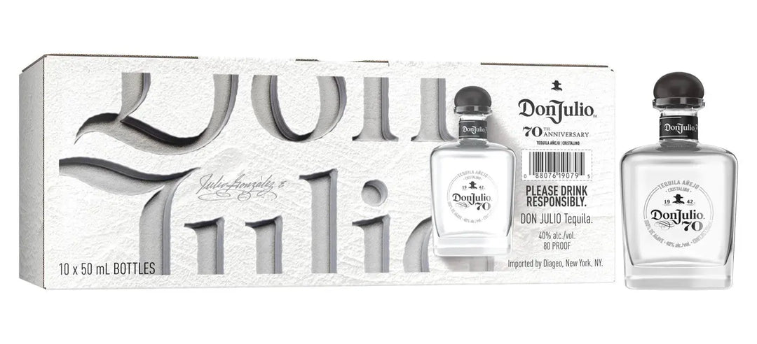 Don Julio Tequila 70 Cristalino Añejo Tequila 50ml (10 Pack) comes in white embossed packaging with bold black text, featuring two clear mini bottles with black caps.