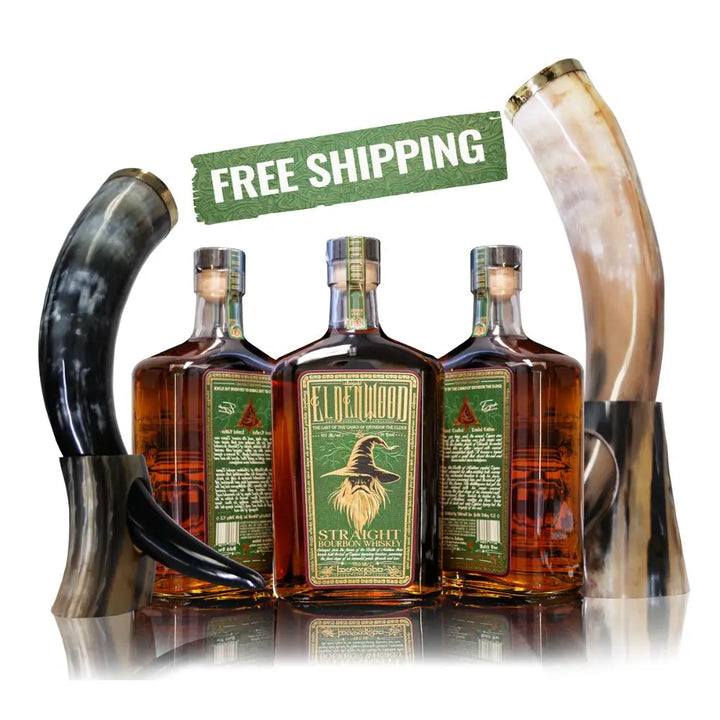 Eldenwood Straight Bourbon Whiskey 3 Pack is showcased between four decorative drinking horns, with a FREE SHIPPING banner above—order your limited edition Eldenwood whiskey set today!.