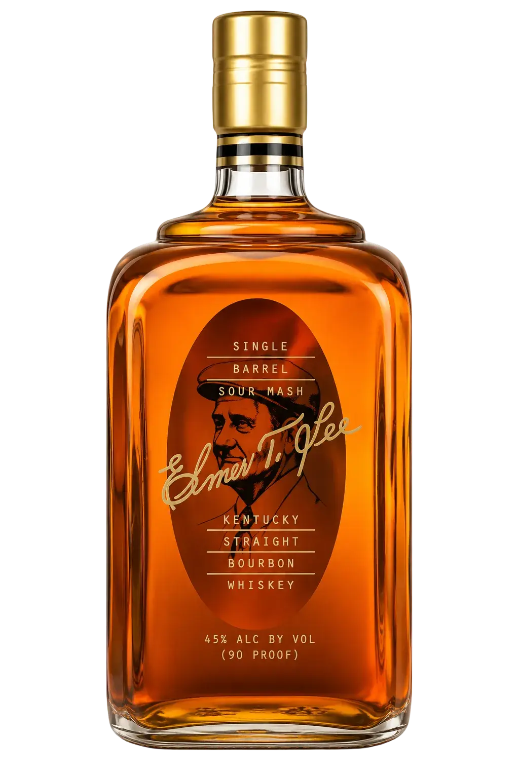 A clear bottle of Elmer T. Lee Single Barrel by Elmer T. Lee, filled with amber bourbon and topped with a gold cap, features a label displaying text and an illustration of a man’s profile.