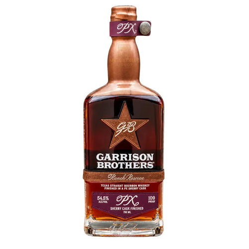A bottle of Garrison Brothers Ranch Reserve PX Sherry Cask Finished Texas Straight Bourbon Whiskey, pre-order, with a copper wax seal, star logo, dark amber liquid, and a label noting 54.5% ABV (109 proof).