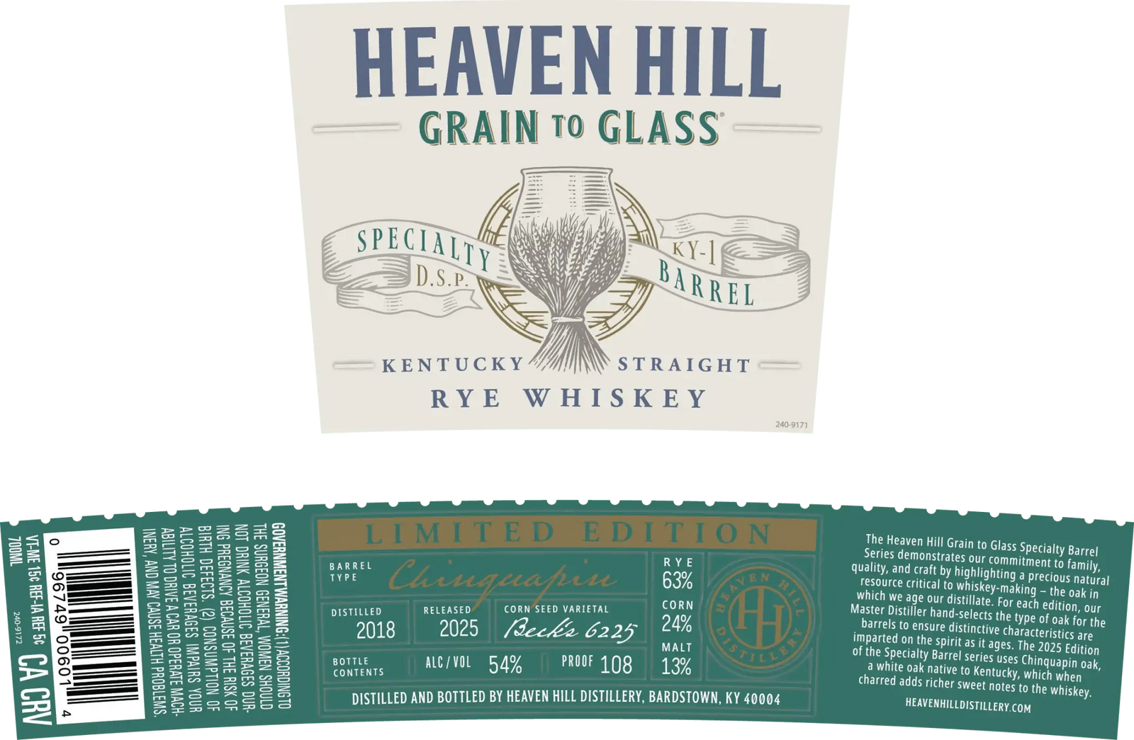 Heaven Hill Grain to Glass Rye Whiskey Chinquapin Oak - Main Street Liquor