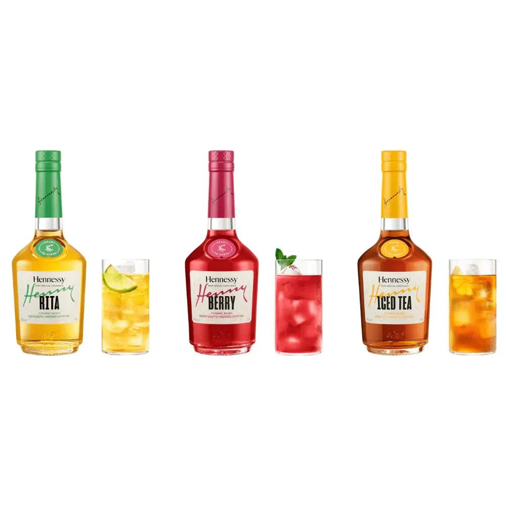 Three Hennessy Ready to Serve Cocktail 375mL bottles—Henny Rita, Henny Berry, and Henny Iced Tea—stand with matching cognac-based cocktails on ice, highlighting the refreshing Variety Bundle by Hennessy against a white background.