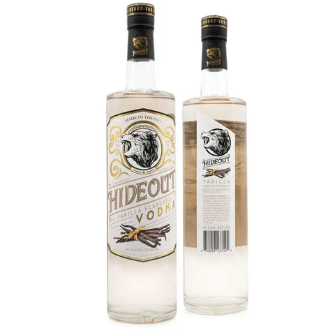 Two bottles of Hideout Vanilla Flavored Vodka from Hideout Vodka: one displays the front label featuring a bear image and vanilla beans, while the other shows the back label with product details.