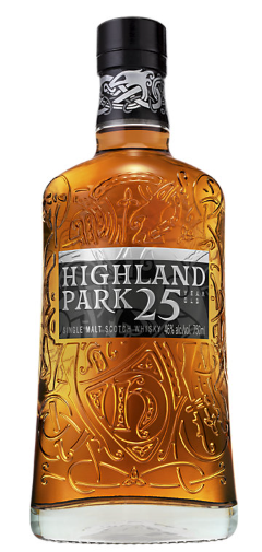 Highland Park 25 Year Old is a single malt whisky matured in sherry oak casks, featuring ornate embossed designs and a silver label with the brand, age, and ABV—hailed as one of the world’s best spirits.