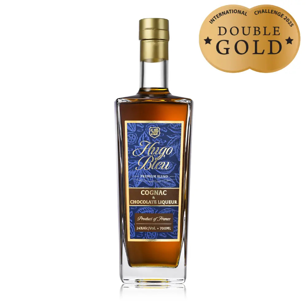 Hugo Bleu Cognac & Chocolate Liqueur bottle with Double Gold award, luxurious blend of cognac and chocolate.