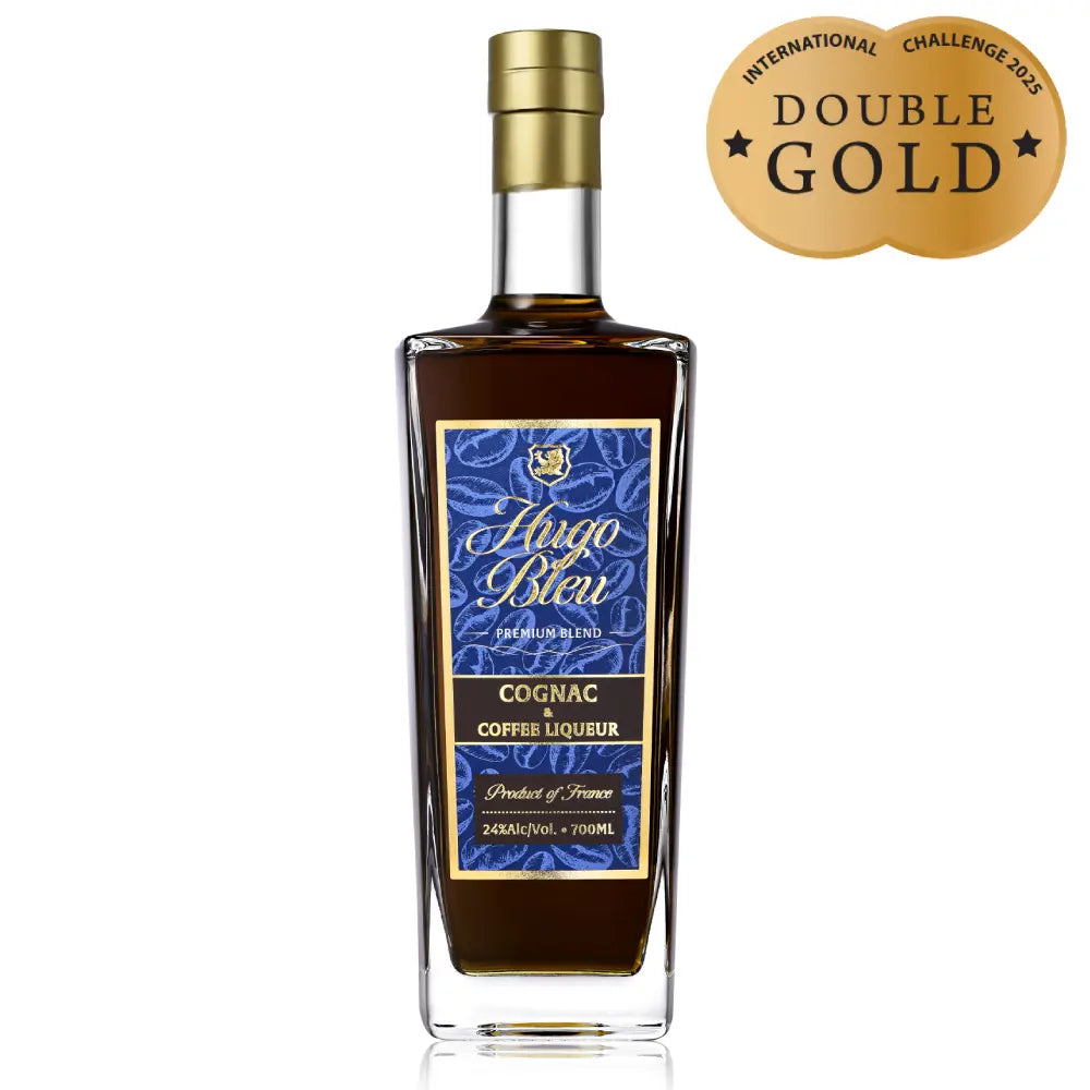 Hugo Bleu Cognac & Coffee Liqueur 700mL bottle with Double Gold medal, showcasing its premium blend of flavors.