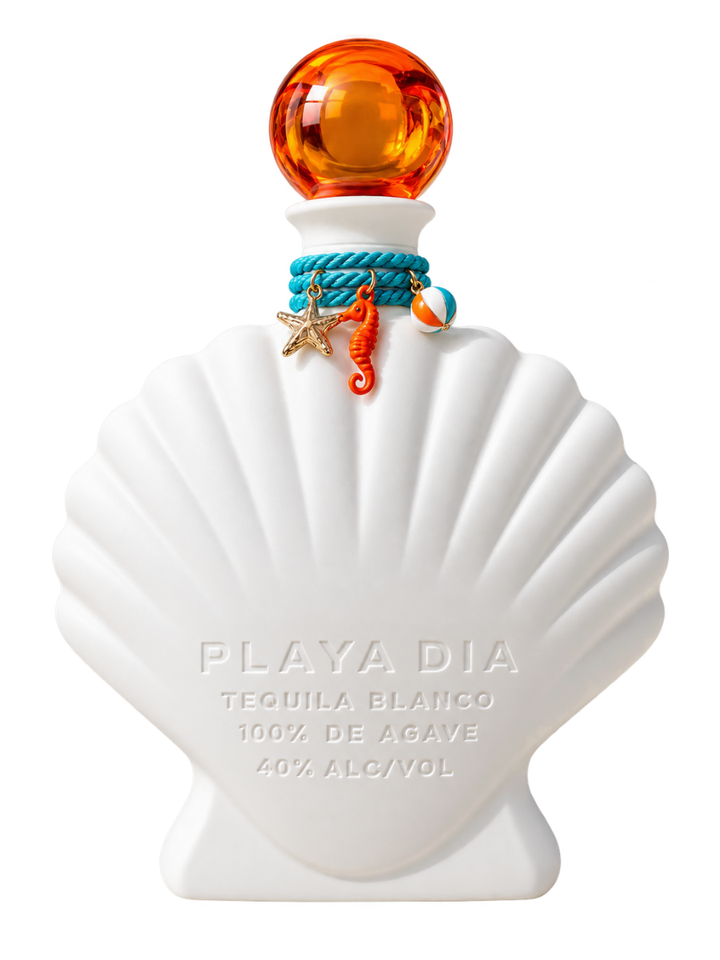 A white, shell-shaped bottle labeled Playa Dia Blanco Tequila, adorned with a round amber cap, blue cord, and sea-themed charms—a starfish, seahorse, and ball—holds premium PLAYA DIA Blanco Tequila. Crafted from 100% Blue Weber agave and free from additives, this tequila captures the pure essence of the agave plant in every pour.