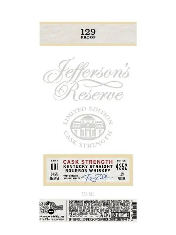 Jefferson's Reserve Limited Edition Cask Strength Kentucky Straight Bourbon Whiskey - Main Street Liquor