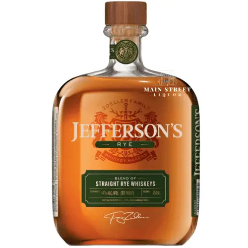 A rounded bottle of Jefferson’s Rye Blend of Straight Rye Whiskeys with a green and gold label, the Jefferson’s brand name, a signature, a wooden cork, and amber premium rye whiskey inside.