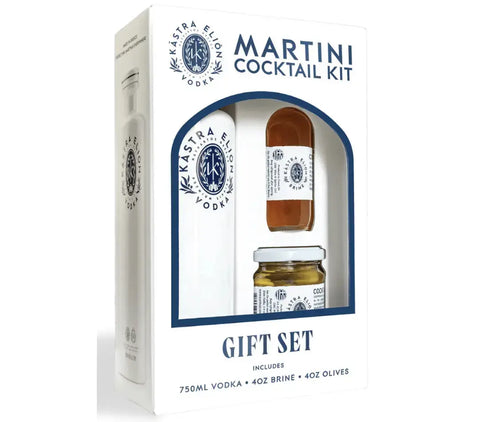 Kastra Elion Vodka Martini Cocktail Gift Set (750mL Vodka + 4oz Brine + 4oz Olives) - Main Street Liquor