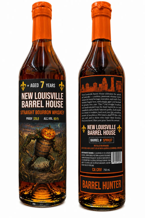 Two bottles of Nulu New Louisville Barrel House "Barrel Hunter" Halloween Edition 7 Year Bourbon 750mL (Pre-Order) with orange caps, displaying both the front and back labels. The front label features a barrel set in a field, while the back highlights product information along with the words BARREL HUNTER in striking orange. This special edition straight bourbon presents a distinctive offering for collectors and enthusiasts seeking something unique for Halloween.