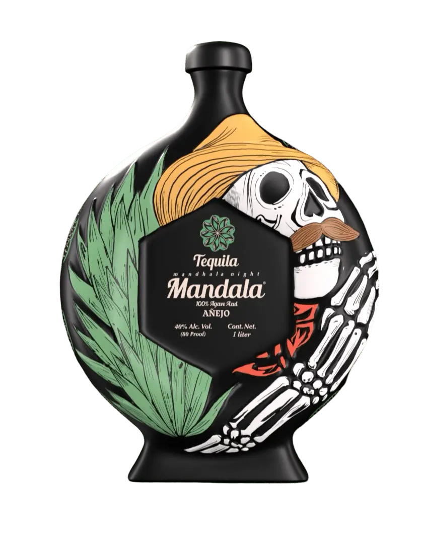 Mandala Tequila Anejo 2025 Edition bottle art featuring a skeleton and agave design for Dia de los Muertos.