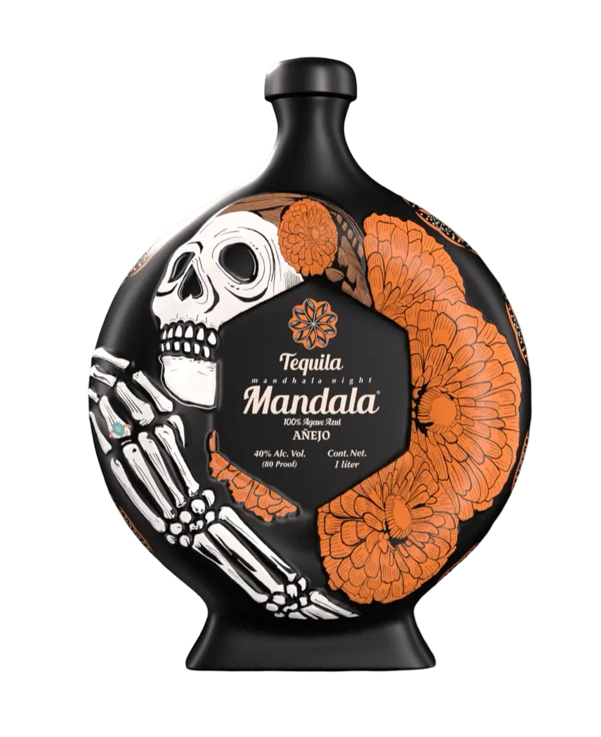 Mandala Tequila Añejo bottle decorated for Día de los Muertos with vibrant floral and skeleton designs.