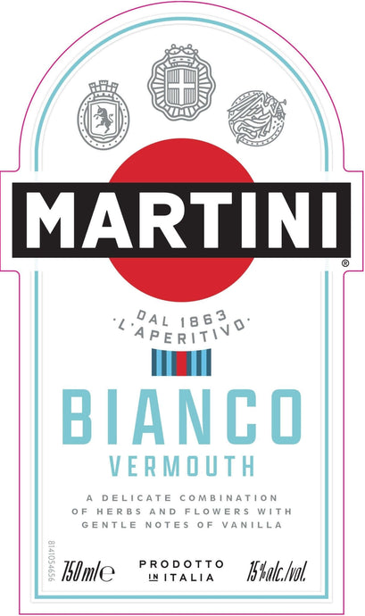 Martini Bianco Vermouth label featuring herbs, flowers, and vanilla notes, a classic Italian aperitif since 1863.