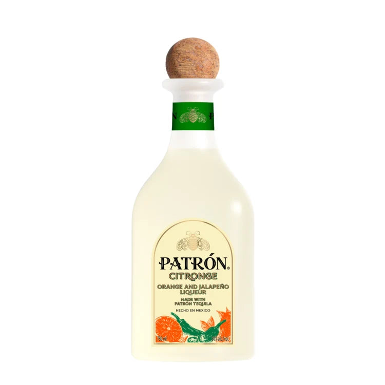 A bottle of Patron Citronge Orange &amp; Jalapeño Liqueur by Patron, featuring a wooden cork and a label decorated with lively orange slices and jalapeño imagery—ideal for mixing a bold, flavorful spicy margarita with an artisanal twist of orange liqueur.
