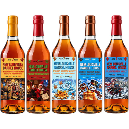 Five bottles of Nulu New Louisville Barrel House Christmas Edition 7 Year Bourbon 5-Pack Bundle, each with a unique holiday-themed illustrated label.