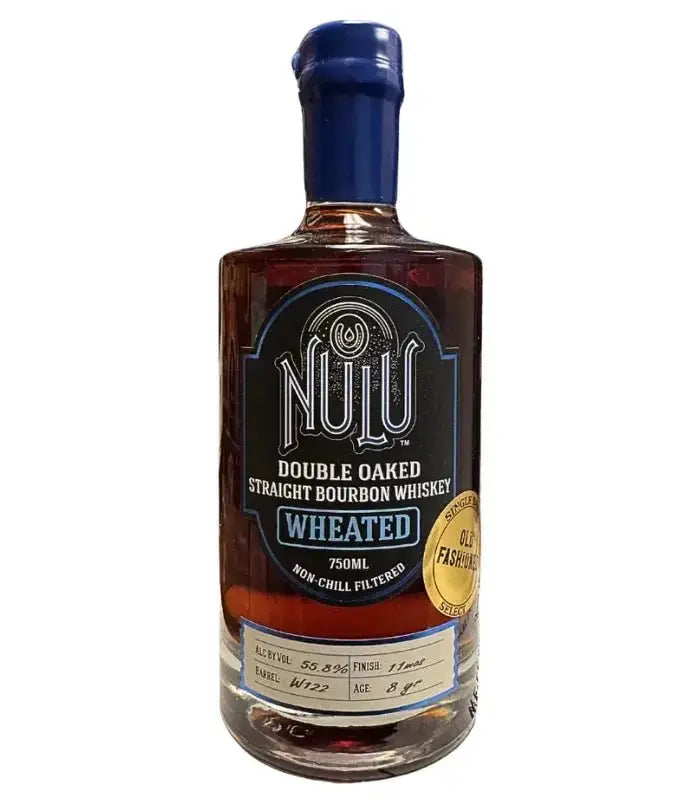 A bottle of Nulu 8 Year Single Barrel Double Oaked Wheated Bourbon "Old Fashioned" features a blue wax seal, black label, gold sticker, and details on the 750ml non-chill filtered single barrel with barrel and age info.