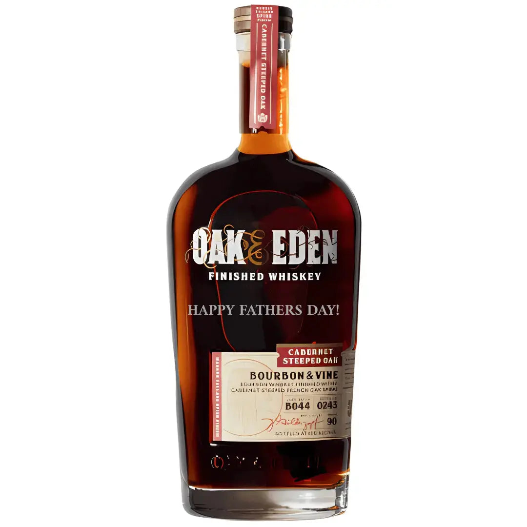 Gift the Oak &amp; Eden Bourbon &amp; Vine – “Happy Father’s Day!” Engraved Bottle, featuring a celebratory label and rich amber whiskey with gold and red accents—a perfect Father’s Day gift for any dad.