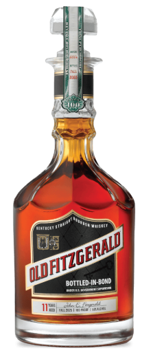 A bottle of Old Fitzgerald Bottled in Bond 11 Year 2025 VVS Old Bourbon features a decorative glass stopper, beige and black label showing its 11-year age, and rich amber liquid inside. Brand: Old Fitzgerald.