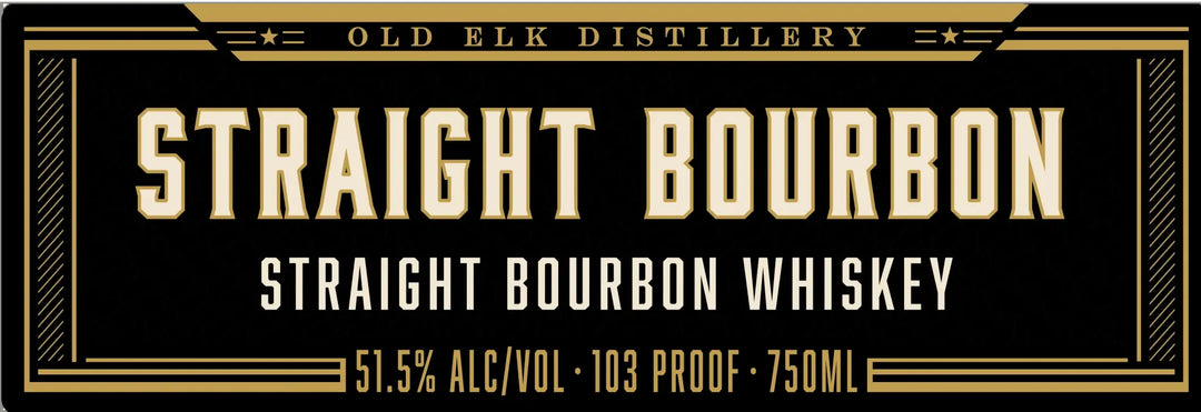 A black and gold label for Old Elk Bourbon features prominent lettering displaying "Old Elk 10 Year Straight Bourbon Whiskey," along with "Aged 10 Years," "51.5% ALC/VOL," "103 Proof," and "750ML." Decorative border accents frame the text.