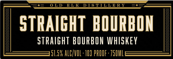 A black and gold label for Old Elk Bourbon features prominent lettering displaying "Old Elk 10 Year Straight Bourbon Whiskey," along with "Aged 10 Years," "51.5% ALC/VOL," "103 Proof," and "750ML." Decorative border accents frame the text.