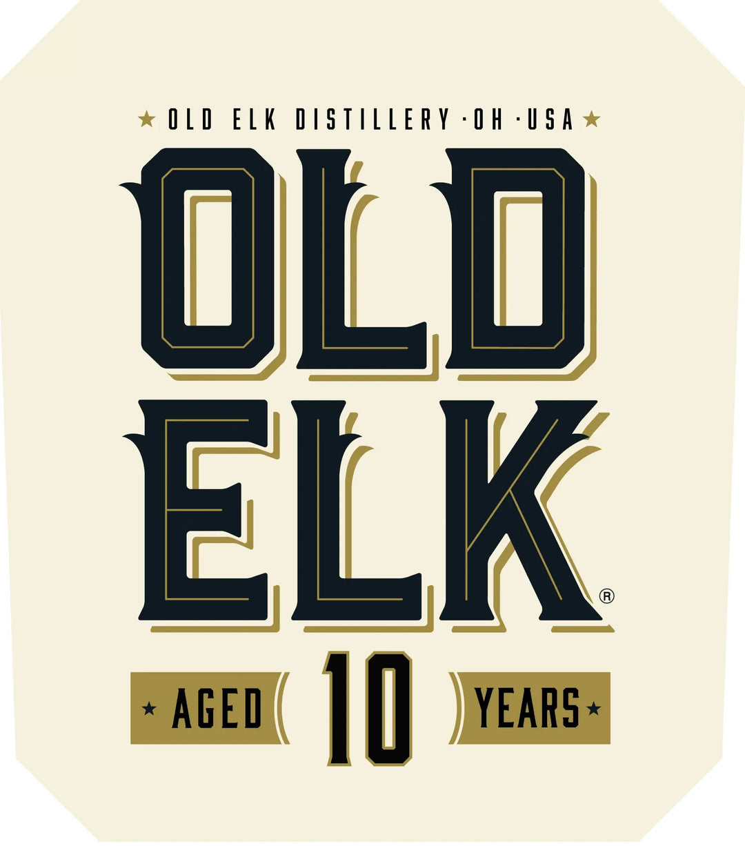 Old Elk Bourbon label, featuring bold black and gold text: OLD ELK and Aged 10 Years. This straight bourbon whiskey, proudly crafted by Old Elk Bourbon, OH, USA, is elegantly displayed at the top as Old Elk 10 Year Straight Bourbon Whiskey.