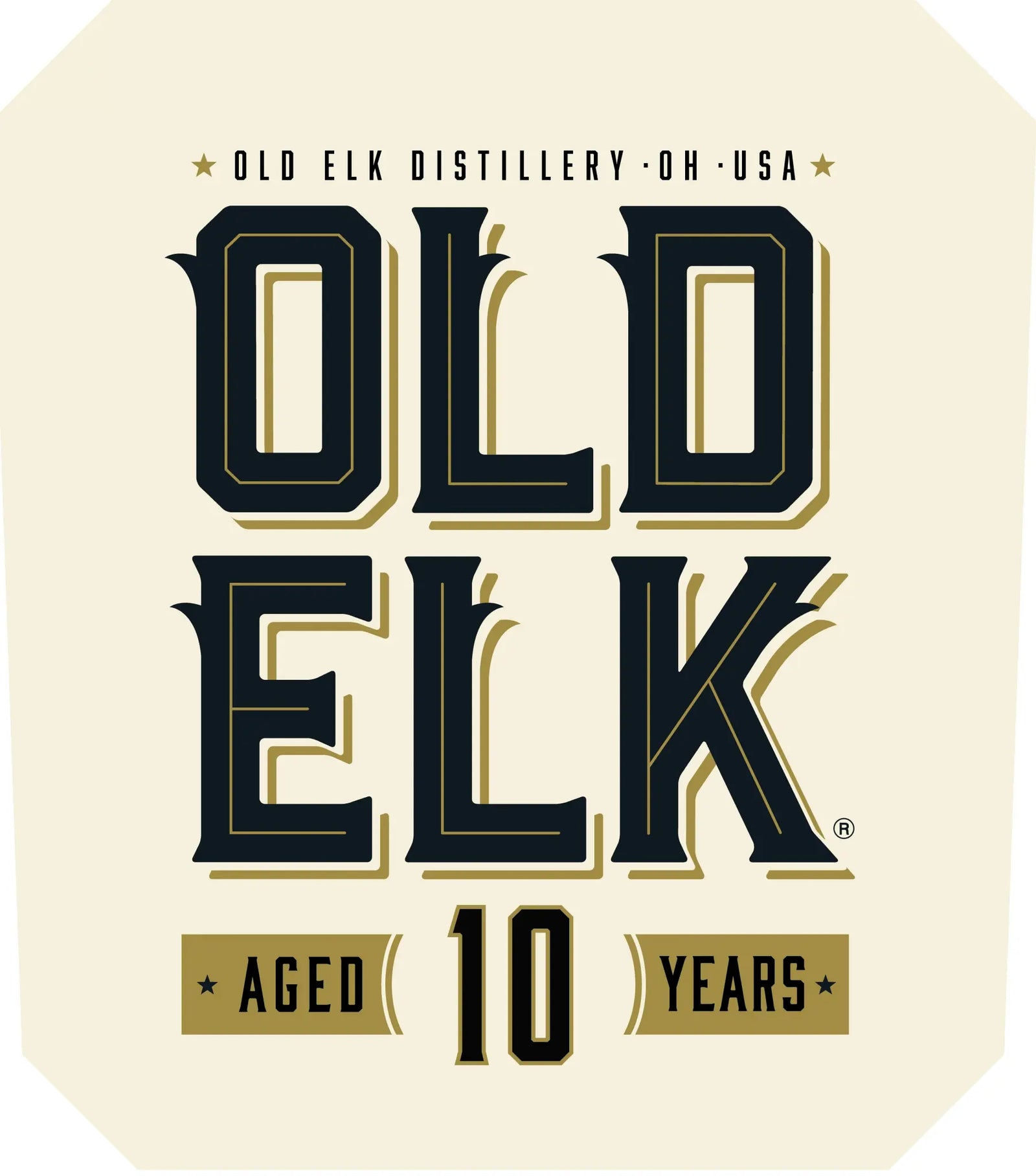 Old Elk Bourbon label, featuring bold black and gold text: OLD ELK and Aged 10 Years. This straight bourbon whiskey, proudly crafted by Old Elk Bourbon, OH, USA, is elegantly displayed at the top as Old Elk 10 Year Straight Bourbon Whiskey.