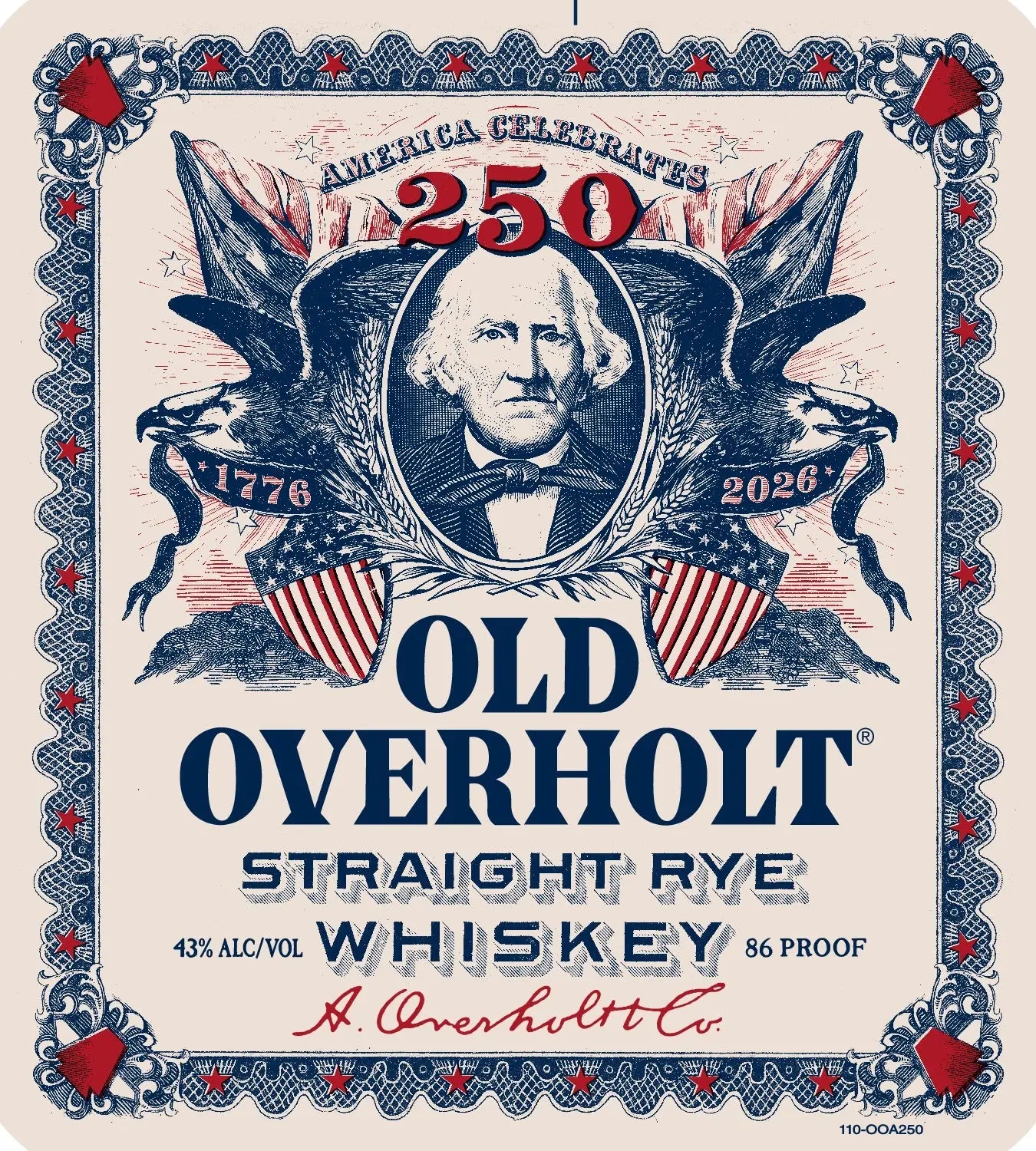 Old Overholt 4 Year Straight Rye Whiskey America 250th Edition label shows a man, two eagles, U.S. flags, and shields, with “America Celebrates 250,” “Old Overholt 4 Year Rye Whiskey,” “1776-2026,” and a star border.