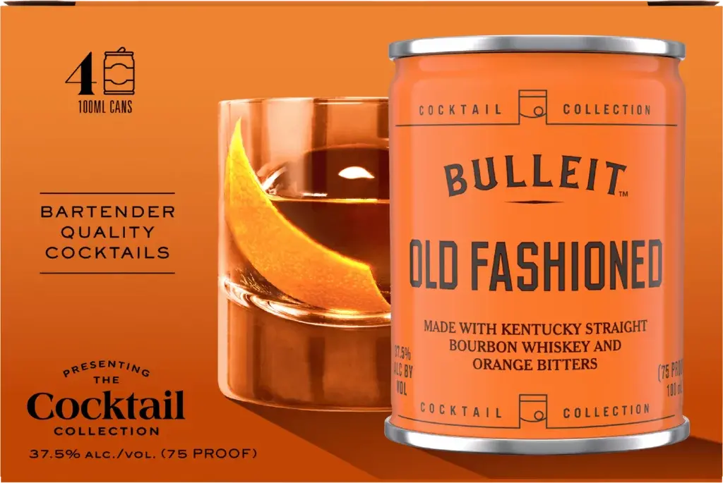 An orange box of Bulleit Old Fashioned Cocktail Cans 4 x 100mL features a cocktail glass with an orange twist beside a can. The label highlights bourbon whiskey, orange bitters, and 37.5% alcohol.