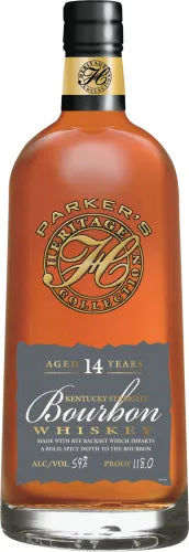A bottle of Parker’s Heritage 20th Edition 14 Year Rye Backset Bourbon, a barrel-proof Kentucky bourbon from Parker’s Heritage.