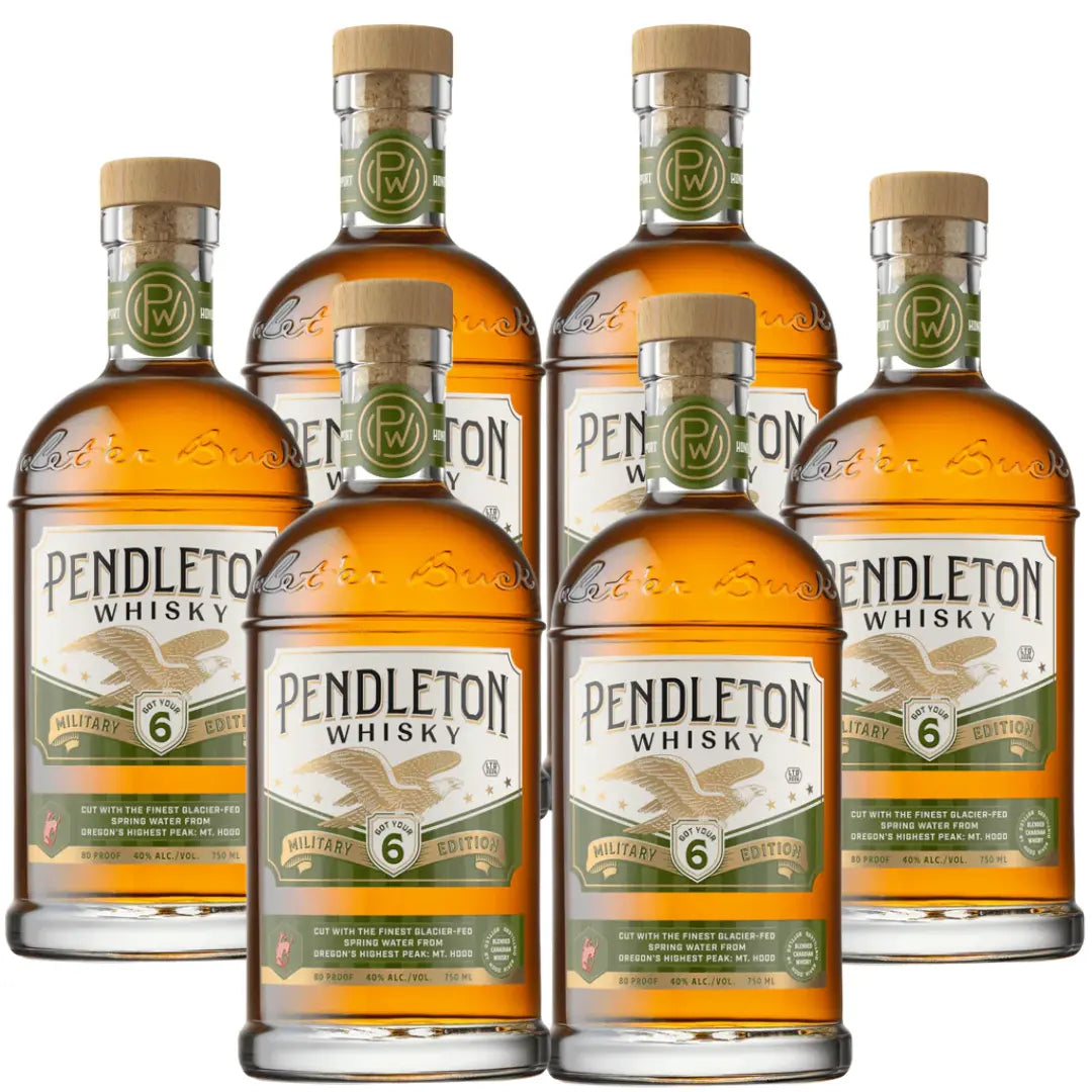 Six bottles of Pendleton Whisky Military Edition 2026 by Pendleton Whisky, each adorned with a tan cap and a green label highlighted by a gold badge indicating 6 years aged. This limited-edition Canadian whisky features a distinct military-themed design, with all six bottles displayed in two rows of three.