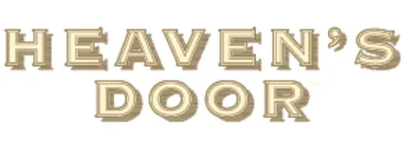 The image displays "HEAVENS DOOR" in large, bold, beige, shadowed letters on a white background, capturing the unique character of Heaven's Door Whiskey's Single Barrel Select Kentucky Straight Bourbon Whiskey Cask Strength.