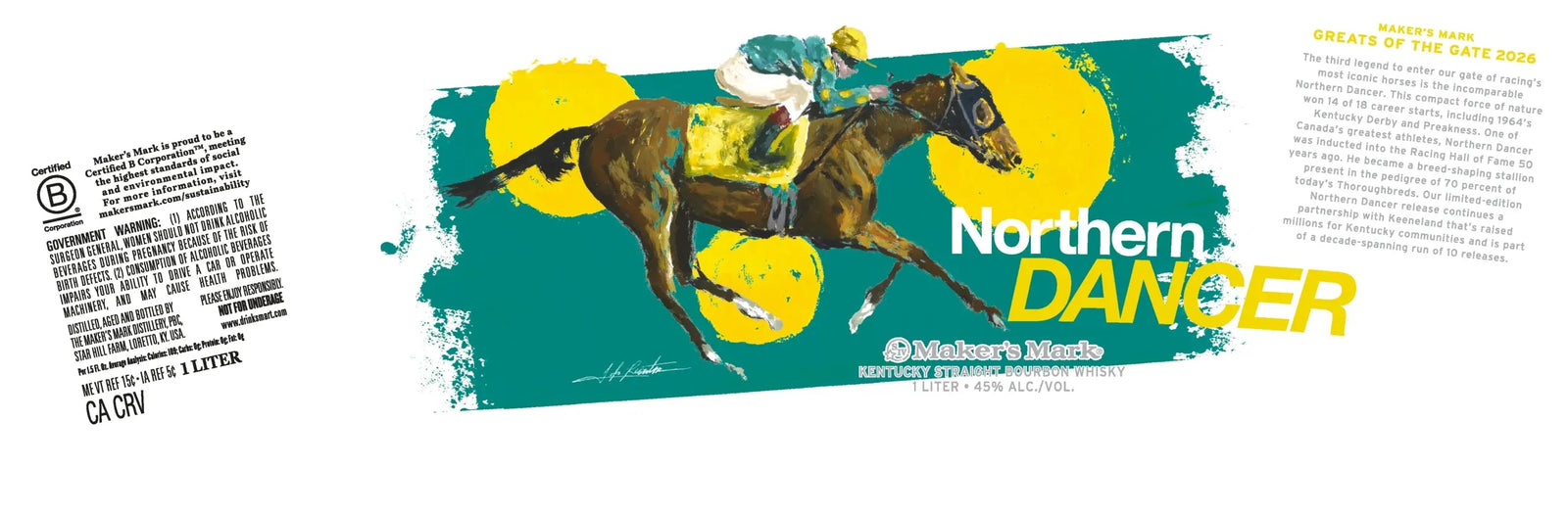 A vibrant illustration of a jockey on a racehorse appears over three yellow circles on green, celebrating Maker's Mark Northern Dancer Greats of the Gate 2026 Limited Edition 1L. Text and legal details are displayed to the left.