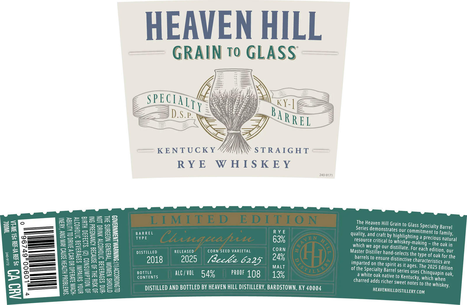Heaven Hill Grain to Glass Rye Whiskey Chinquapin Oak Heaven Hill Distillery