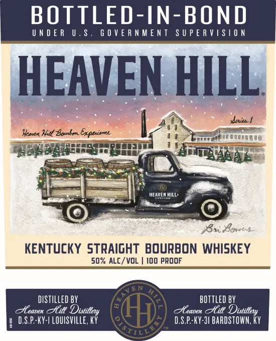 The Heaven Hill Bottled in Bond Artist Series 7 Year Bourbon label from Heaven Hill Distillery features a vintage truck with barrels at the distillery, snow gently falling, and "Bottled-in-Bond" above—ideal for this limited-edition release.