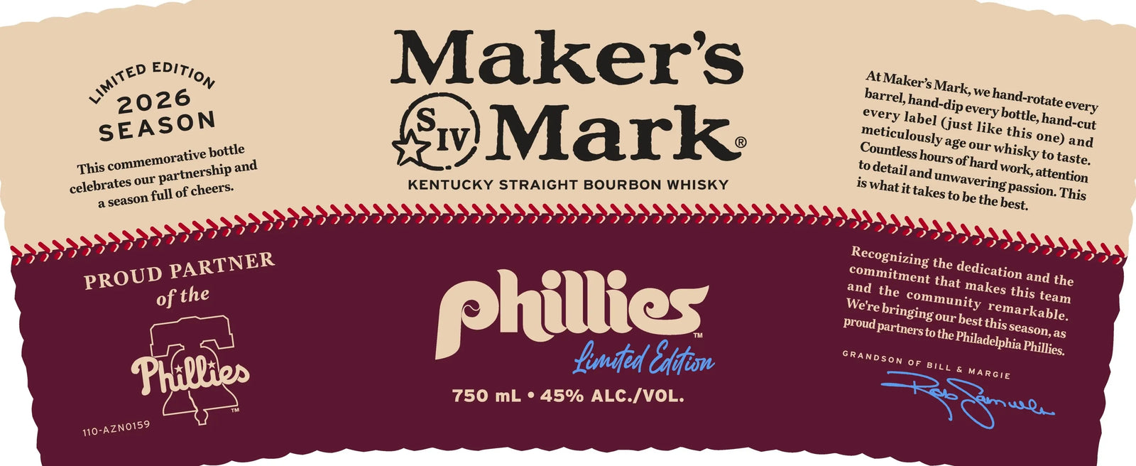 Label of Maker's Mark x Philadelphia Phillies Limited Edition 2026 Kentucky Straight Bourbon Whiskey, featuring Phillies branding, bold red, white, and gold details, and “2026 Season Limited Edition” text.