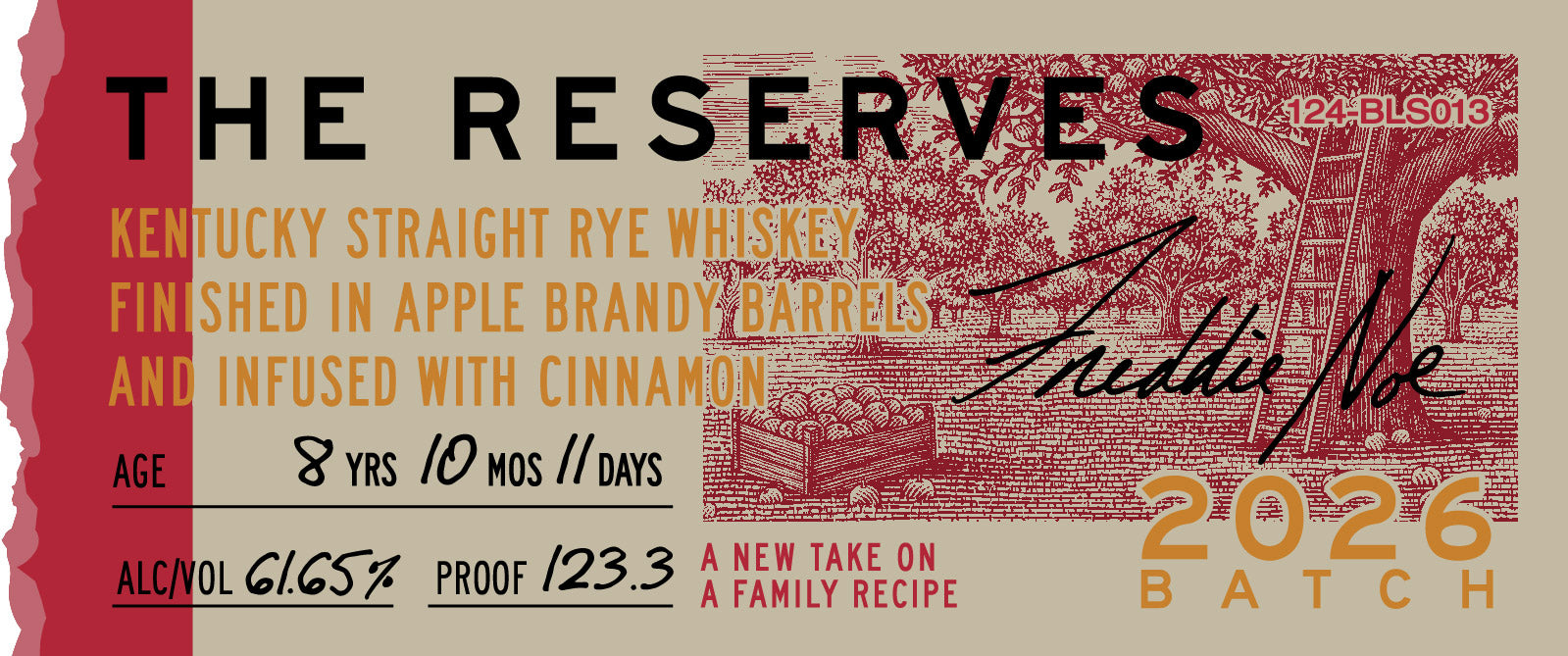 Booker’s The Reserves 2026 Batch Kentucky Straight Rye Whiskey, aged 8 years, 10 months, 11 days; barrel strength (61.65% ABV/123.3 proof), apple brandy barrel-finished and cinnamon infused—with orchard illustration.