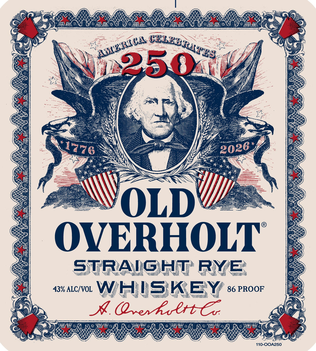 Old Overholt 4 Year Straight Rye Whiskey America 250th Edition label shows a man, two eagles, U.S. flags, and shields, with “America Celebrates 250,” “Old Overholt 4 Year Rye Whiskey,” “1776-2026,” and a star border.