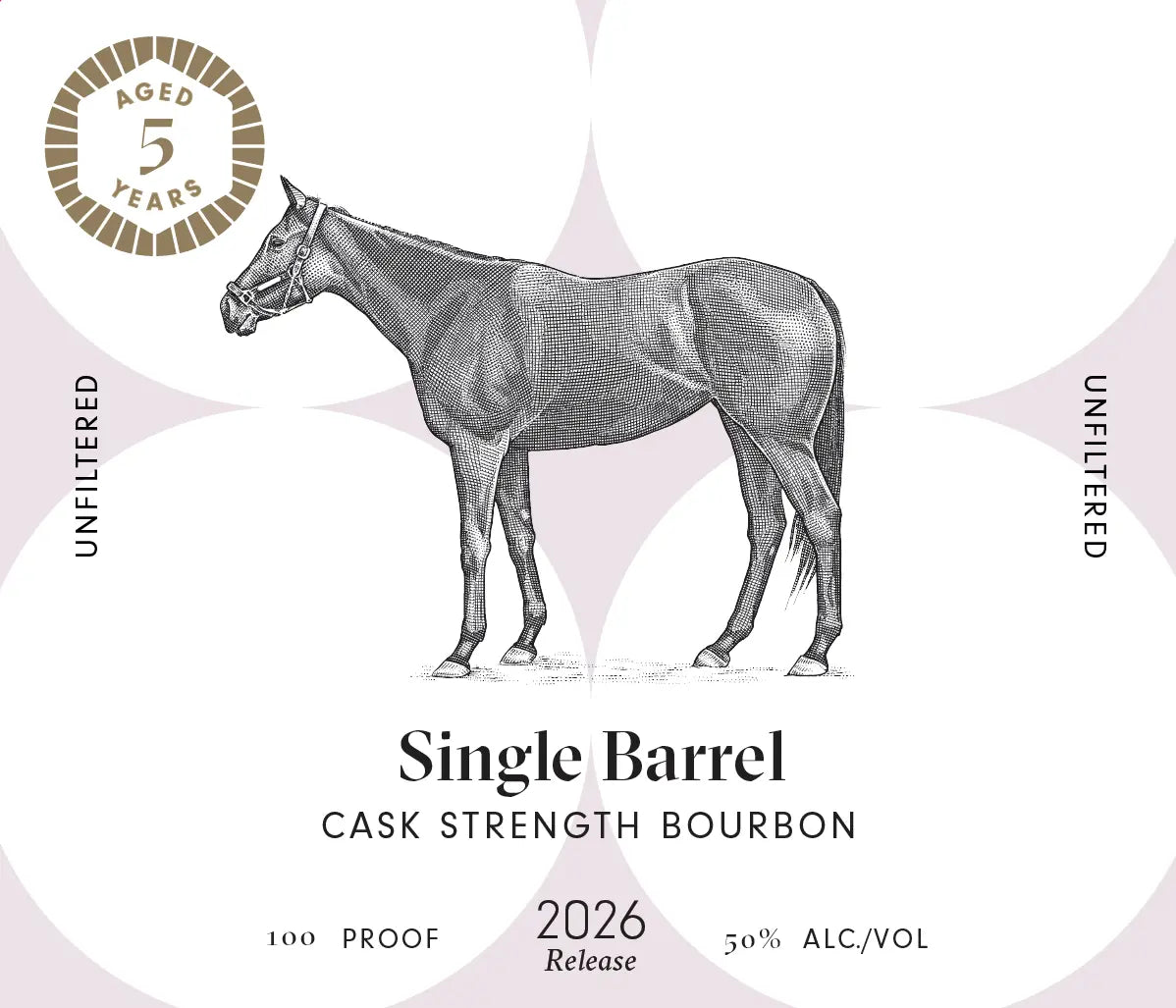 Black and white horse illustration on the Pinhook Bourbon Single Barrel Cask Strength 2026 Release label. Text: Aged 5 Years, Unfiltered, Kentucky Straight Bourbon Whiskey, 100 Proof (50% Alc./Vol.).