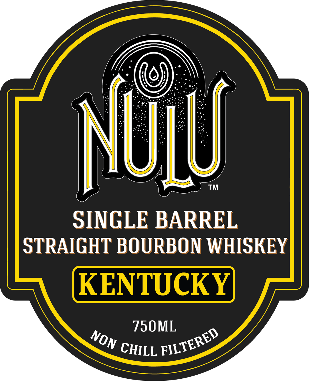 A black and gold Nulu label for Single Barrel Kentucky Straight Bourbon Whiskey, Barrel KY49, aged 8 years, 120 proof, 750ml, non chill filtered. The design features bold lettering and decorative elements.