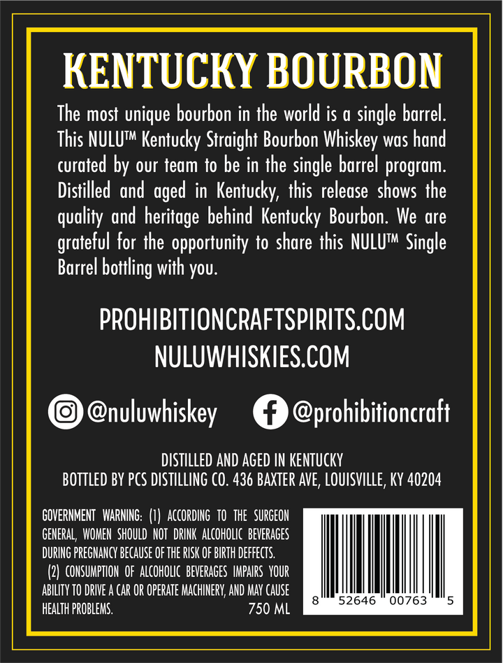 The back label of Nulu Single Barrel Kentucky Straight Bourbon Whiskey Barrel KY49 8 Year 120 Proof highlights its single barrel heritage. Visit our website for details. Enjoy responsibly; government warning included. 750 mL, barcode at lower right.