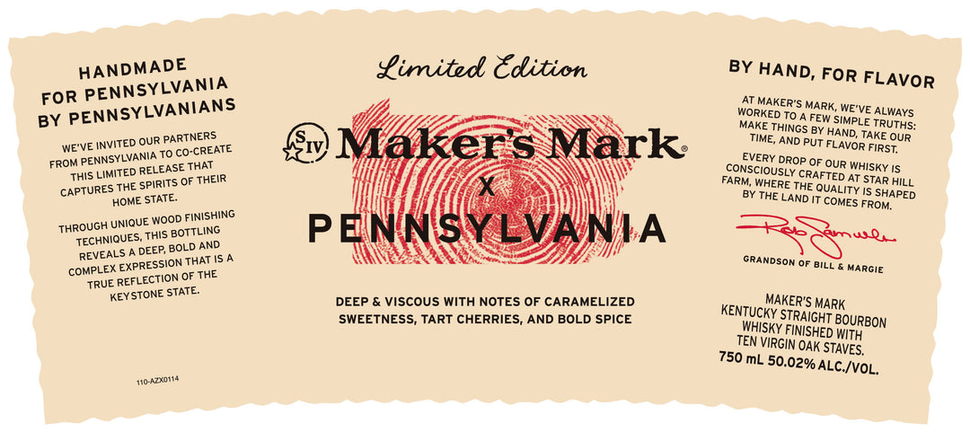 Label for Maker’s Mark x Pennsylvania Limited Edition Bourbon Whisky, featuring red thumbprint art over a state outline with bold black and gold text. Emphasizes handcrafted origins and unique caramelized cherry flavor.