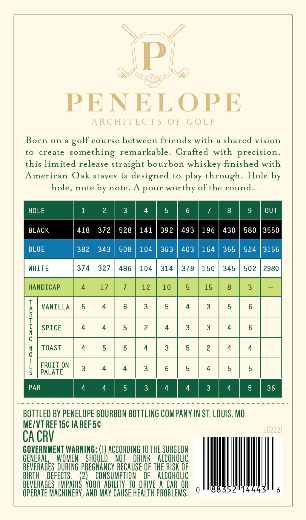 Back label of Penelope Bourbon Architects of Golf 6 Year Straight Bourbon Whiskey Hole 9, with tasting notes, a flavor intensity chart, whiskey description, and government warnings on a cream background with green and gold accents.