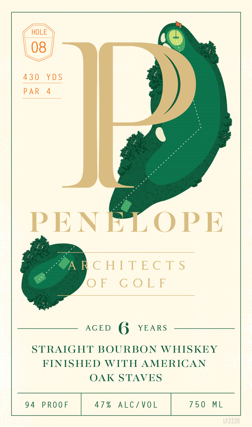 Stylized whiskey label with a golf course illustration and hole 8 details. Text highlights: Penelope Bourbon, Architects of Golf 6 Year Straight Bourbon Whiskey Hole 8, 94 proof, 47% alc/vol, 750 ml.