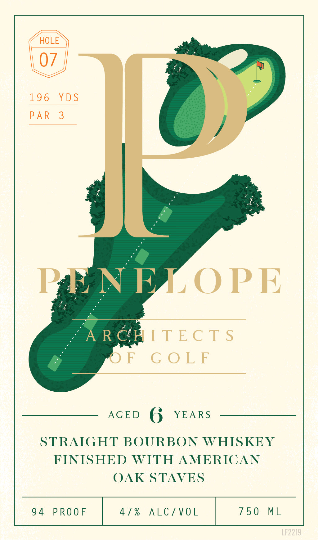 Penelope Bourbon’s Architects of Golf 6 Year Straight Bourbon Whiskey Hole 7 features a stylized label with a golf course illustration, is aged 6 years, bottled at 47% ABV (94 proof), 750ml, and finished with American oak staves—an ideal golf gift.