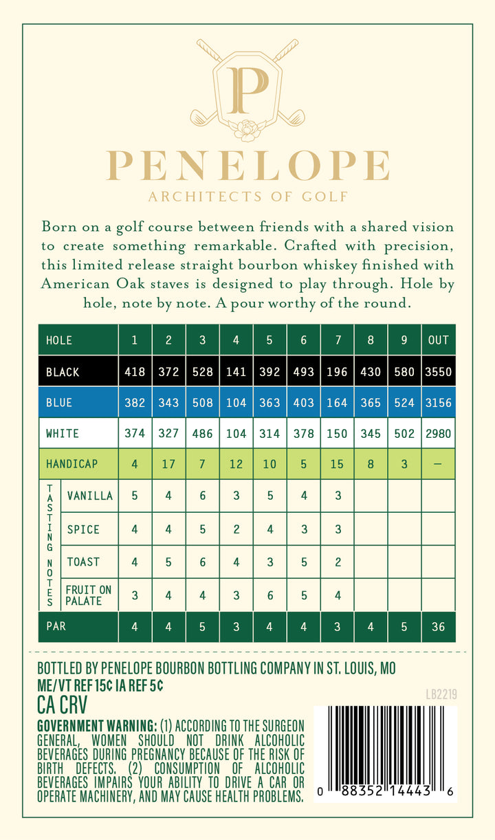 Back label of a Penelope Bourbon Architects of Golf 6 Year Straight Bourbon Whiskey Hole 7 bottle, with tasting notes, ratings for color, nose, palate, and finish—plus origin info and government warning. Perfect for golf-themed gifts.