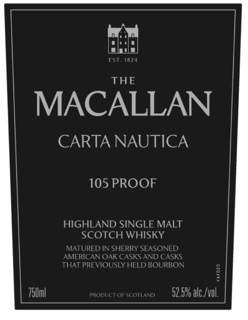 The Macallan Carta Nautica 105 Proof Highland Single Malt Scotch Whisky, 52.5% ABV, comes in a 750ml bottle with a black label, matured in sherry oak and bourbon casks by The Macallan.